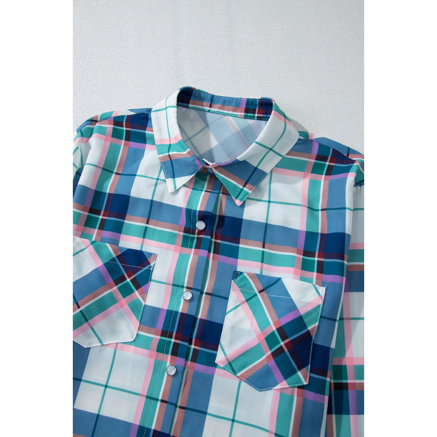 Plaid Button Down Long Sleeve Shirt and Shorts Lounge Set Apparel and Accessories