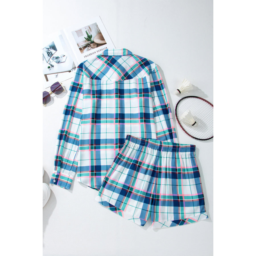 Plaid Button Down Long Sleeve Shirt and Shorts Lounge Set Apparel and Accessories