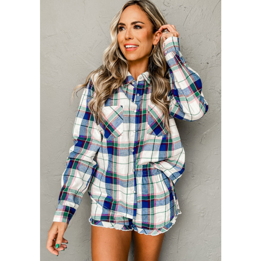 Plaid Button Down Long Sleeve Shirt and Shorts Lounge Set Peacock Blue / S Apparel and Accessories