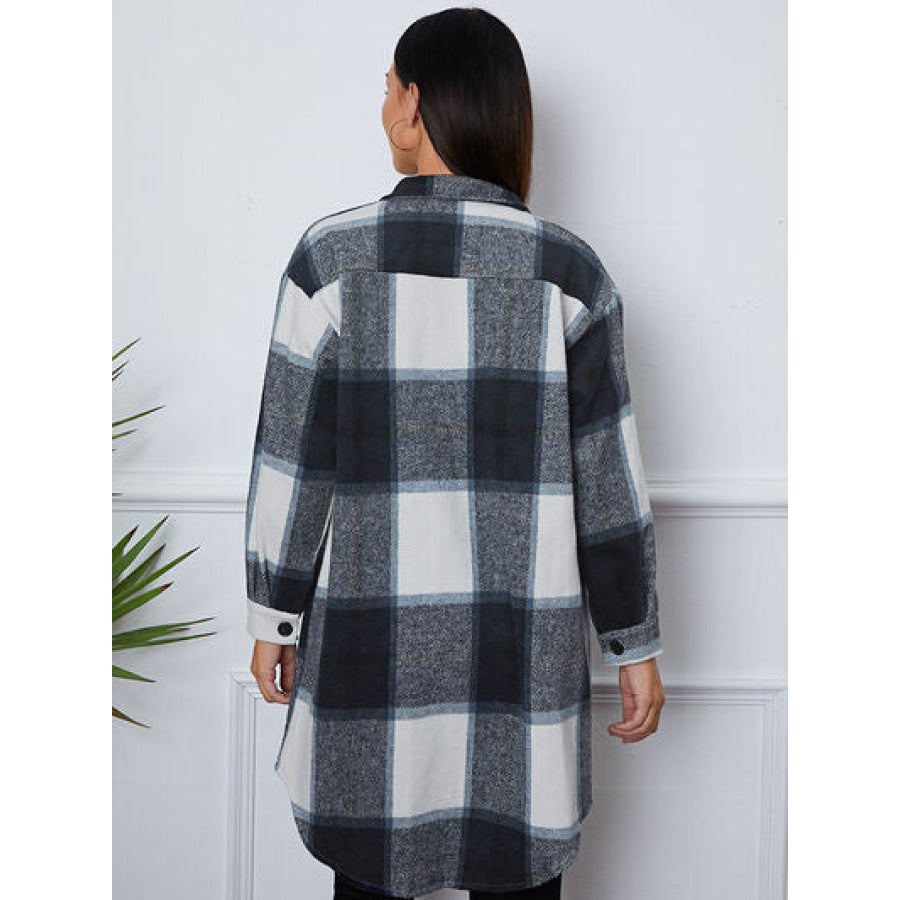 Plaid Button Up Collared Neck Outerwear Cobald Blue / S Clothing
