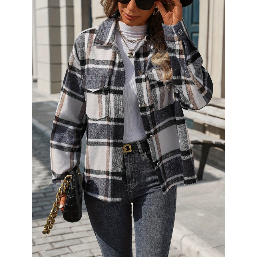 Plaid Button Up Drop Shoulder Jacket Black / S Apparel and Accessories
