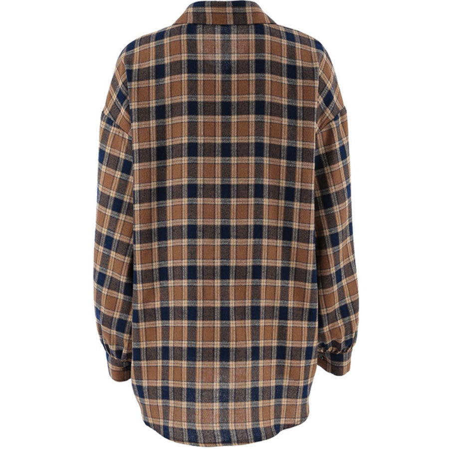 Plaid Button Up Drop Shoulder Shacket Apparel and Accessories