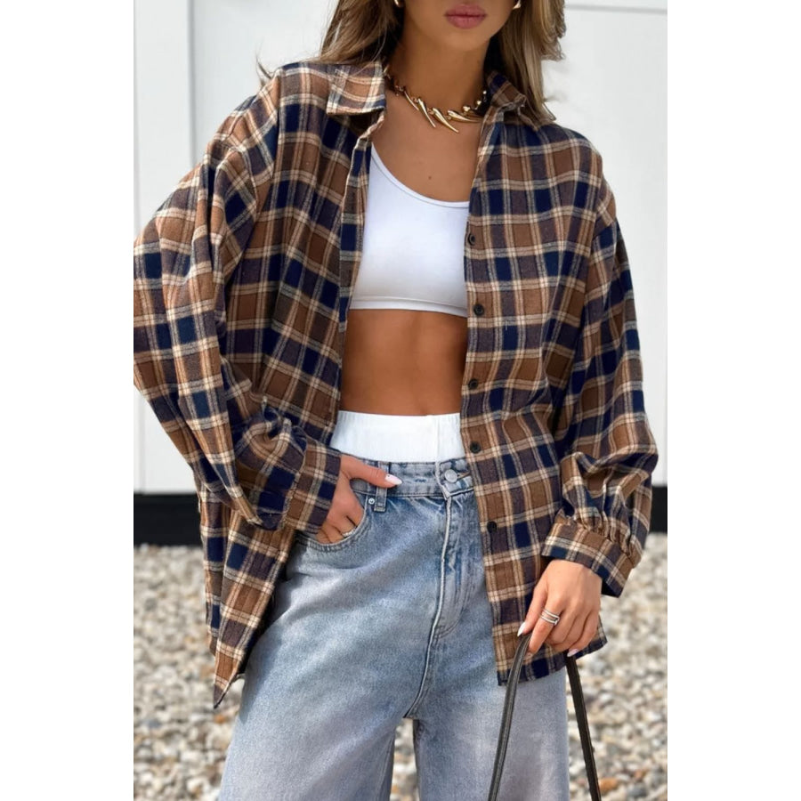 Plaid Button Up Drop Shoulder Shacket Apparel and Accessories