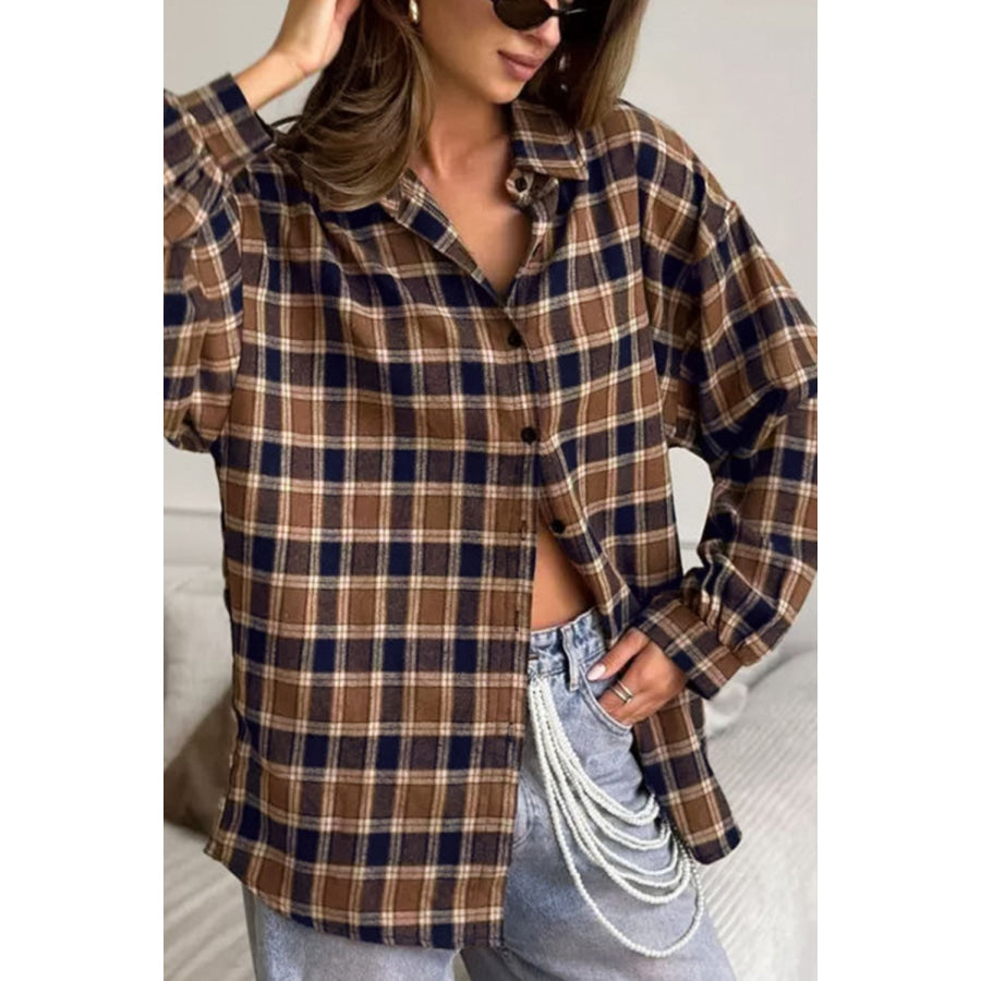 Plaid Button Up Drop Shoulder Shacket Apparel and Accessories