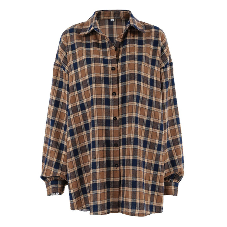 Plaid Button Up Drop Shoulder Shacket Apparel and Accessories