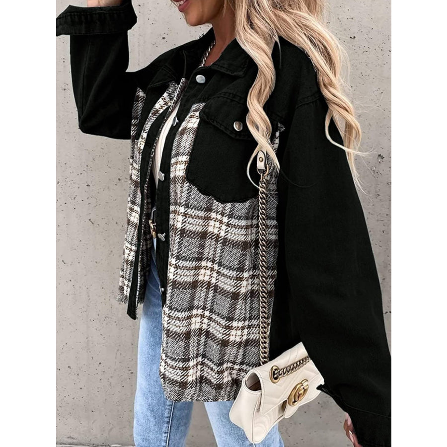 Plaid Button Up Dropped Shoulder Jacket Black / S Apparel and Accessories