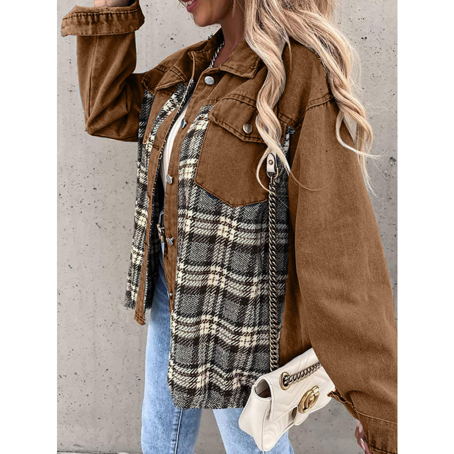 Plaid Button Up Dropped Shoulder Jacket Apparel and Accessories