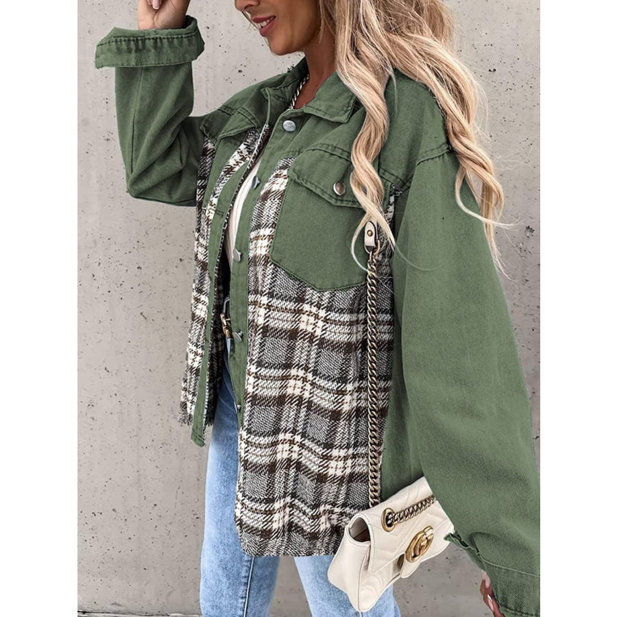 Plaid Button Up Dropped Shoulder Jacket Apparel and Accessories