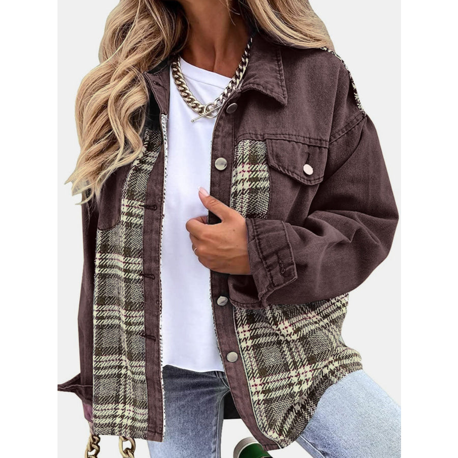 Plaid Button Up Dropped Shoulder Jacket Apparel and Accessories