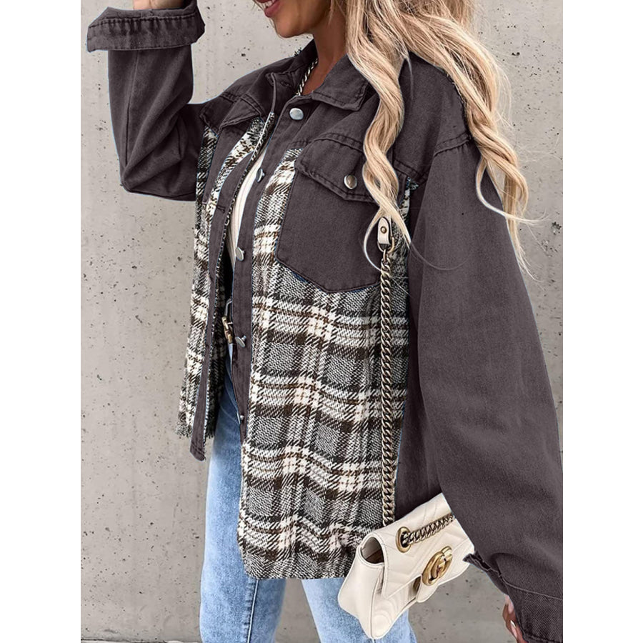Plaid Button Up Dropped Shoulder Jacket Apparel and Accessories