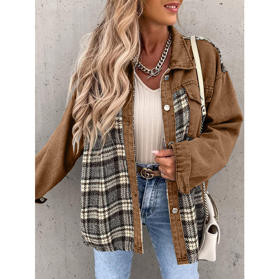 Plaid Button Up Dropped Shoulder Jacket Camel / S Apparel and Accessories