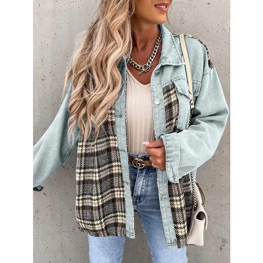 Plaid Button Up Dropped Shoulder Jacket Misty Blue / S Apparel and Accessories