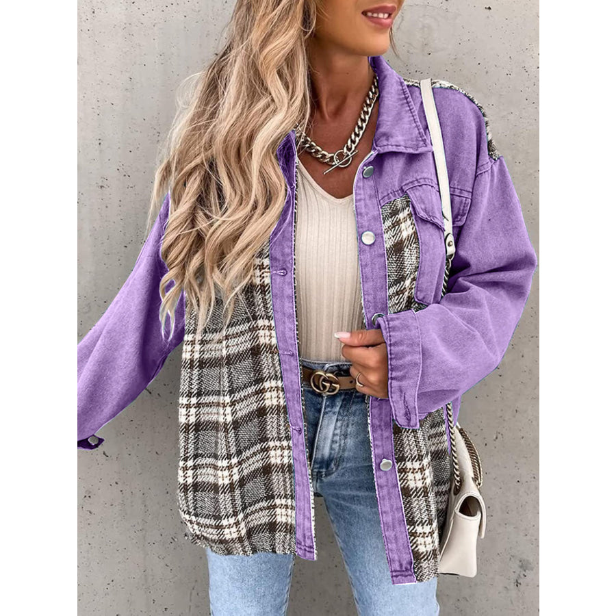 Plaid Button Up Dropped Shoulder Jacket Vivid Violet / S Apparel and Accessories