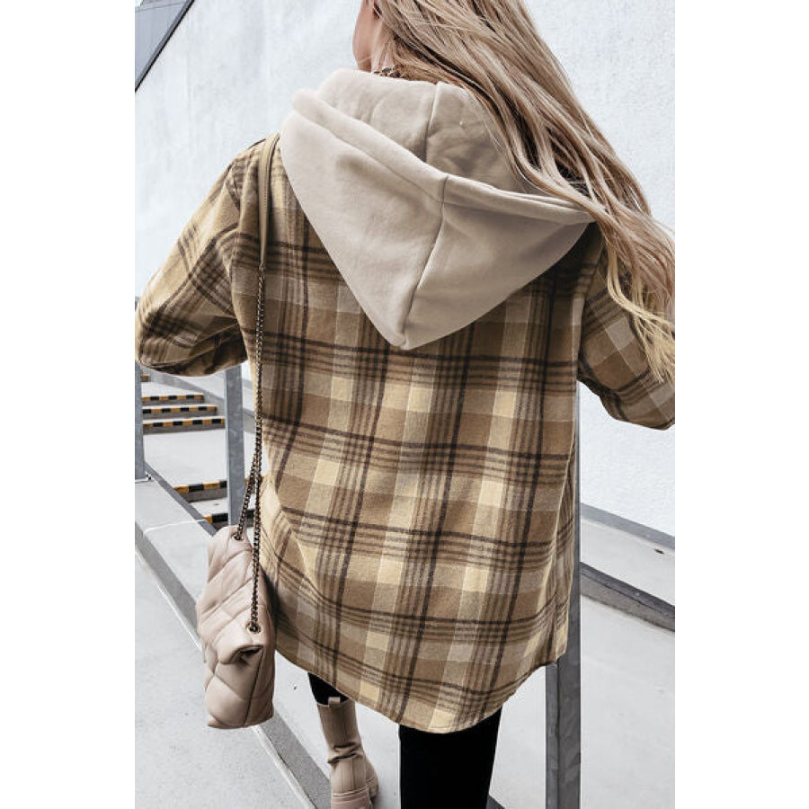 Plaid Button Up Hooded Jacket with Pockets Light Gray / S Clothing