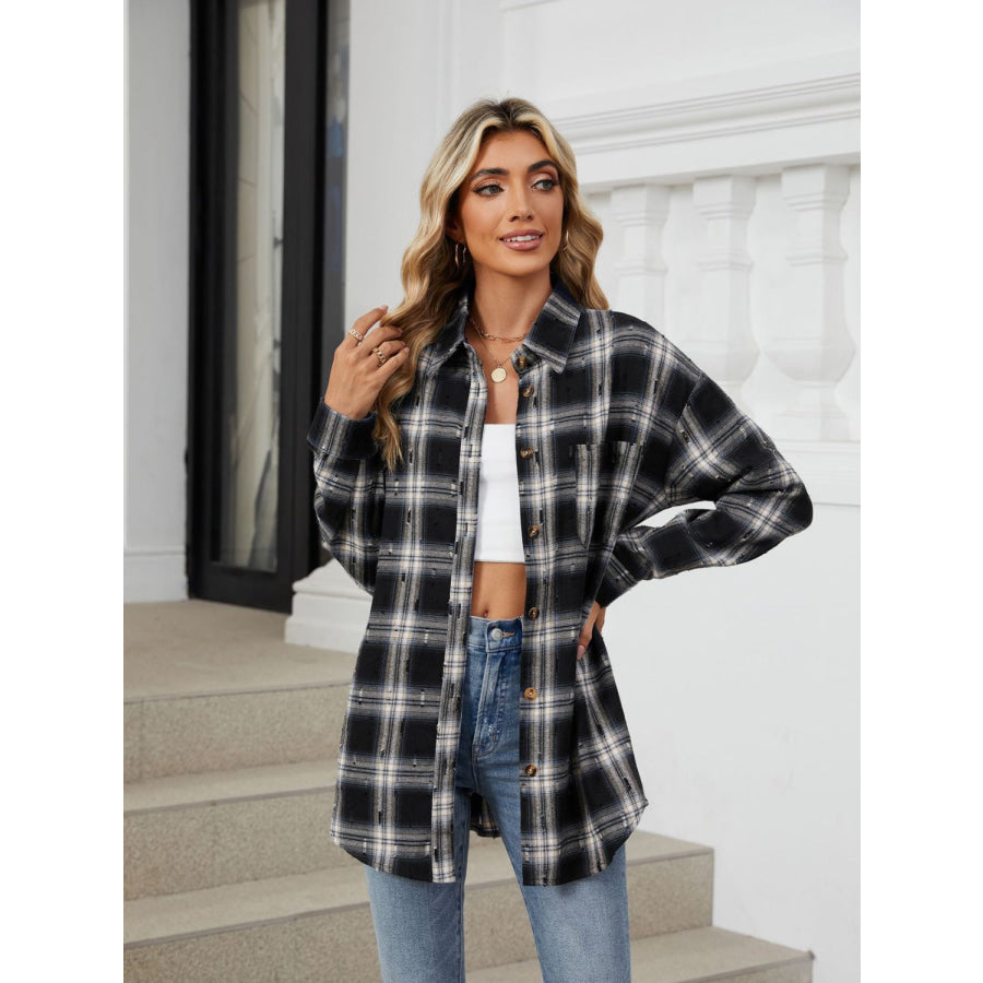 Plaid Button Up Long Sleeve Shirt Black / S Apparel and Accessories