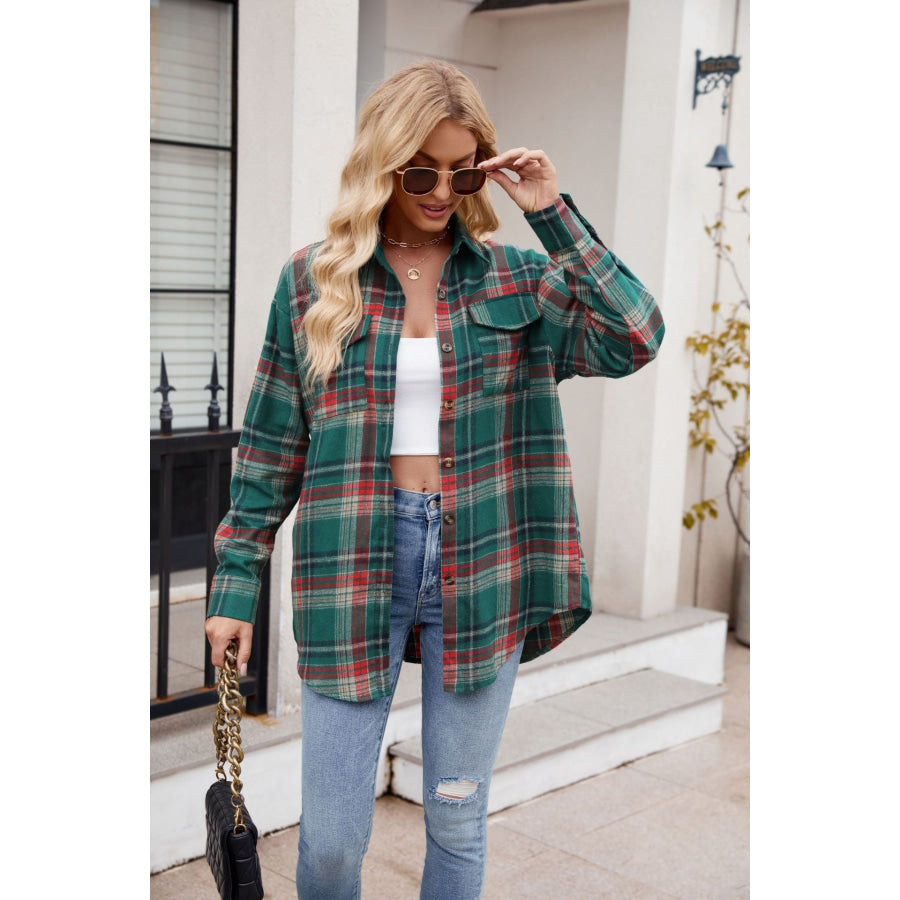 Plaid Button Up Long Sleeve Shirt Dark Green / S Apparel and Accessories