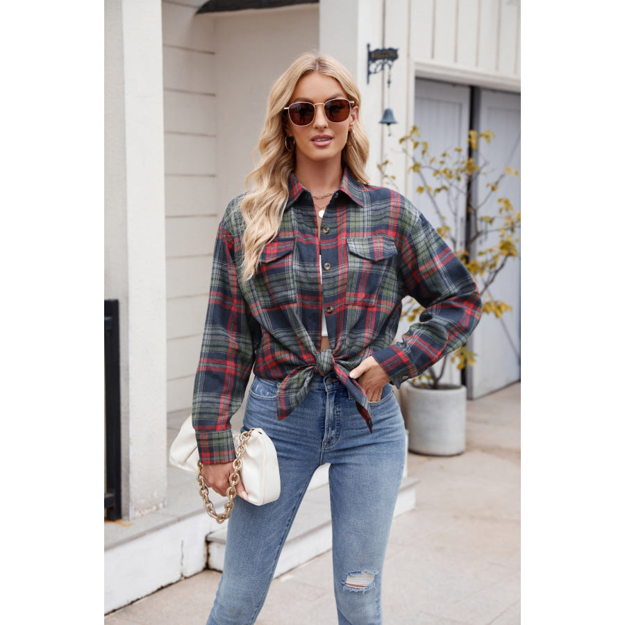 Plaid Button Up Long Sleeve Shirt Dark Navy / S Apparel and Accessories