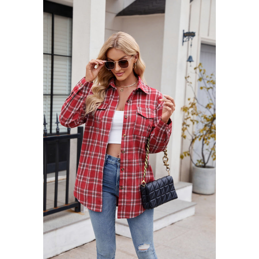 Plaid Button Up Long Sleeve Shirt Deep Red / S Apparel and Accessories