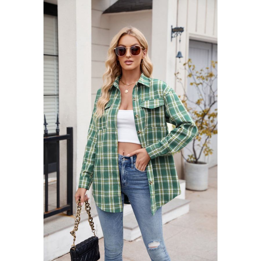 Plaid Button Up Long Sleeve Shirt Green / S Apparel and Accessories