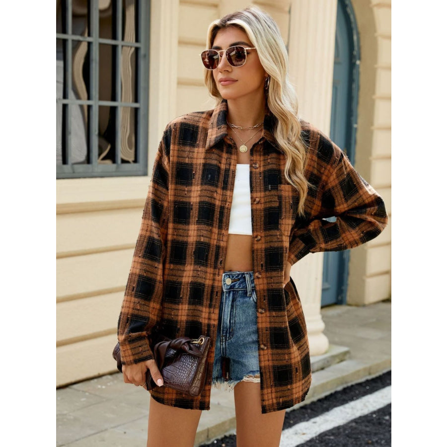 Plaid Button Up Long Sleeve Shirt Ochre / S Apparel and Accessories
