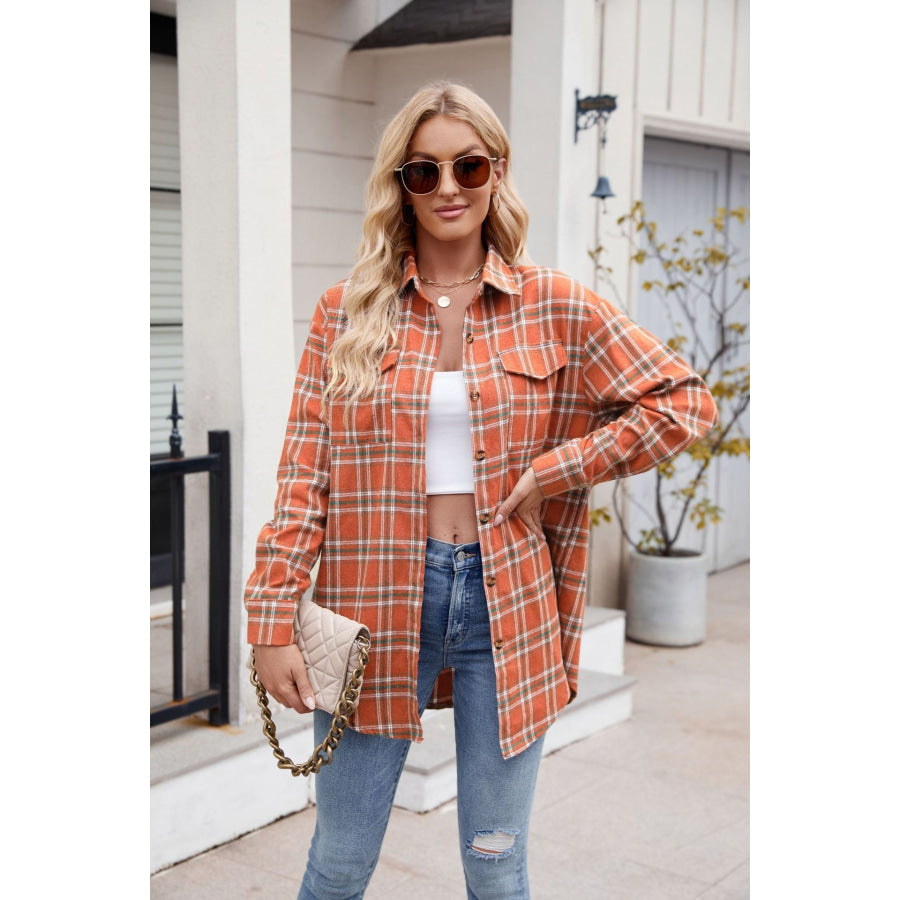 Plaid Button Up Long Sleeve Shirt Orange / S Apparel and Accessories