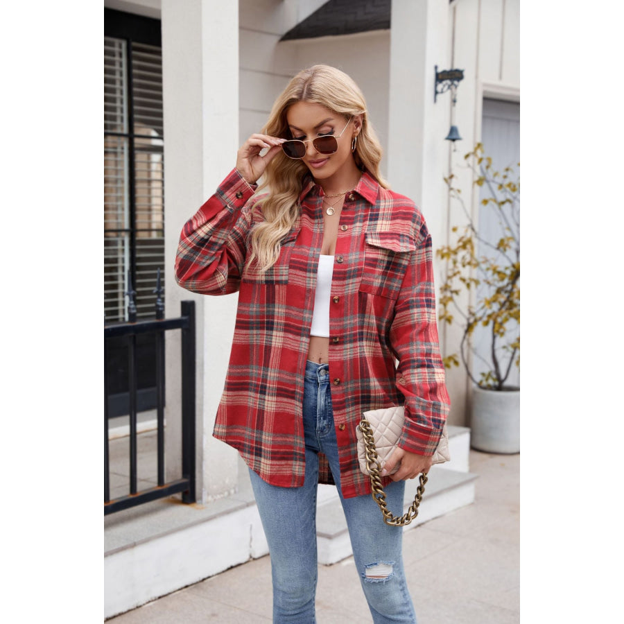 Plaid Button Up Long Sleeve Shirt Scarlet / S Apparel and Accessories