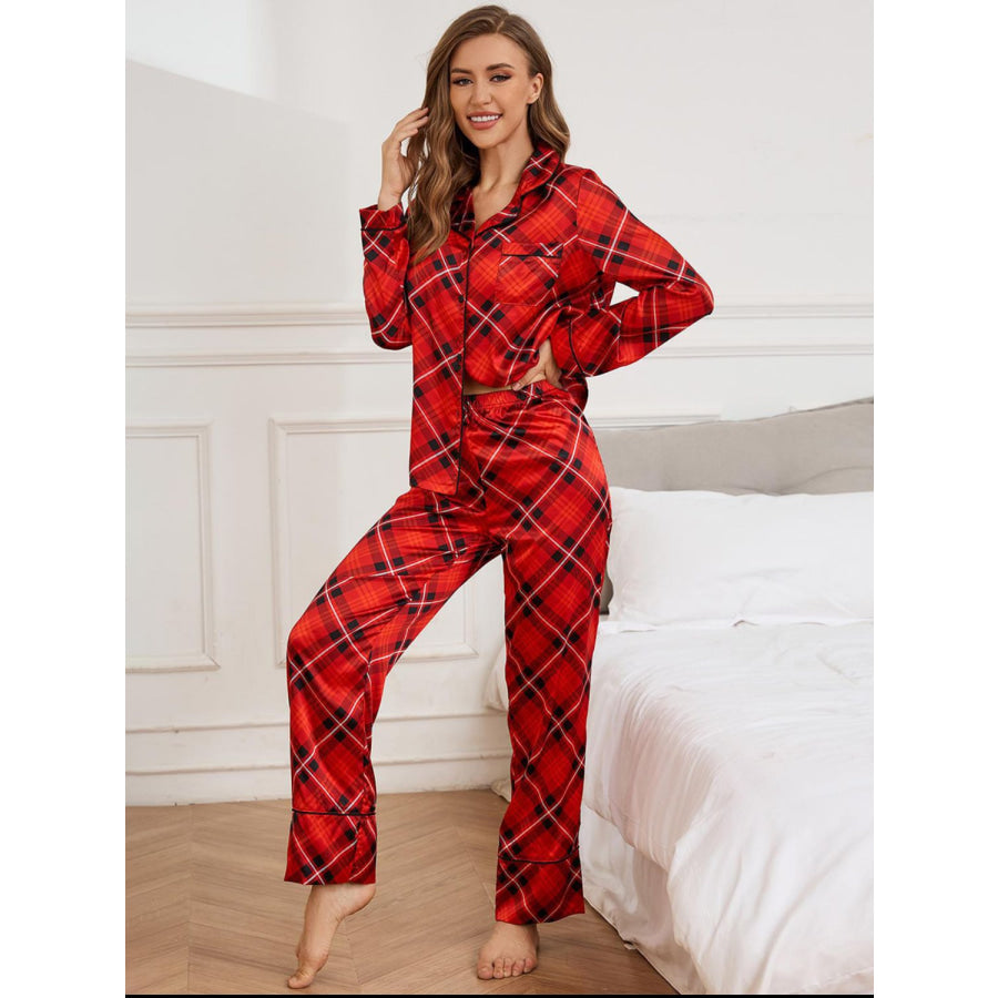 Plaid Button Up Long Sleeve Top and Pants Lounge Set Apparel and Accessories