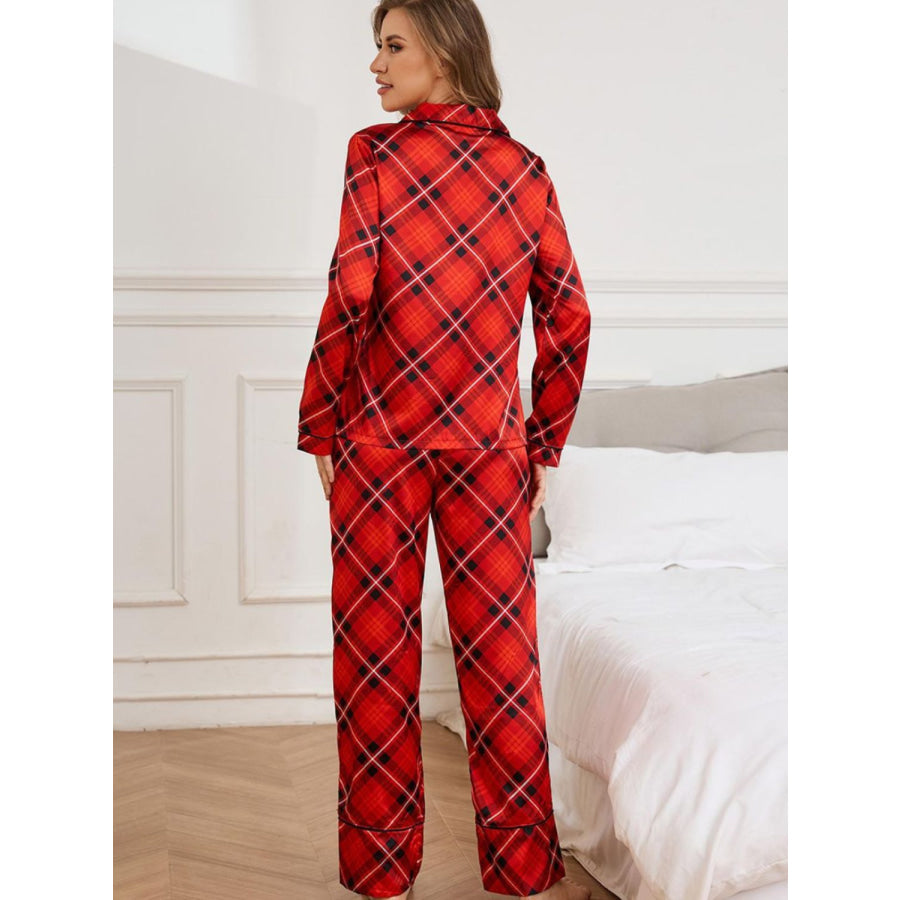 Plaid Button Up Long Sleeve Top and Pants Lounge Set Apparel and Accessories