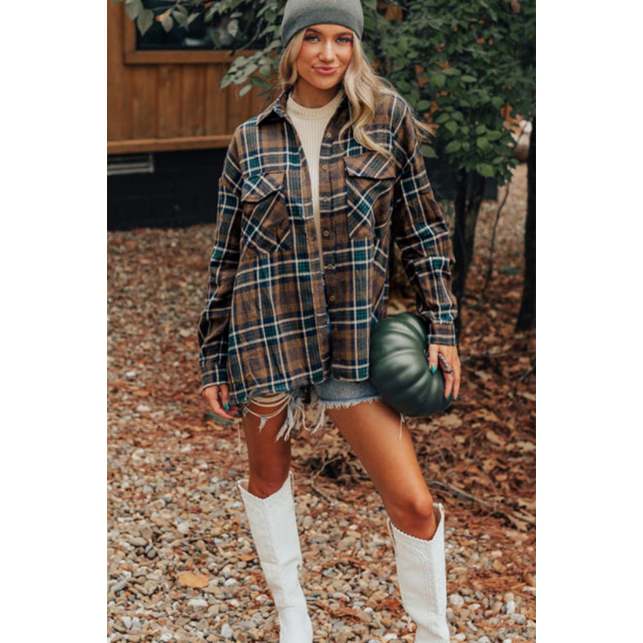 Plaid Collared Neck Button Up Jacket Apparel and Accessories