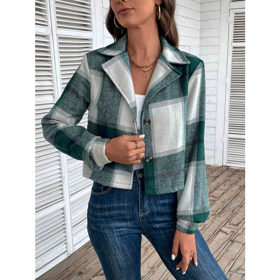 Plaid Collared Neck Button Up Long Sleeve Jacket