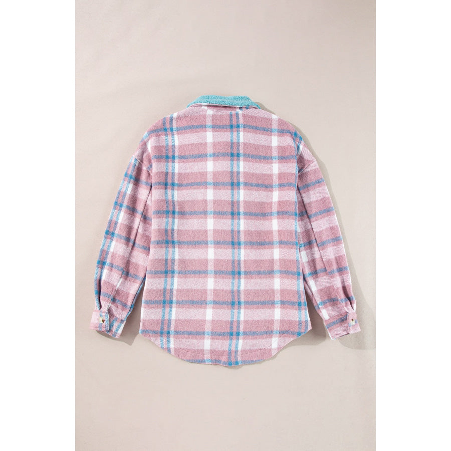 Plaid Collared Neck Flap Pockets Shacket Apparel and Accessories