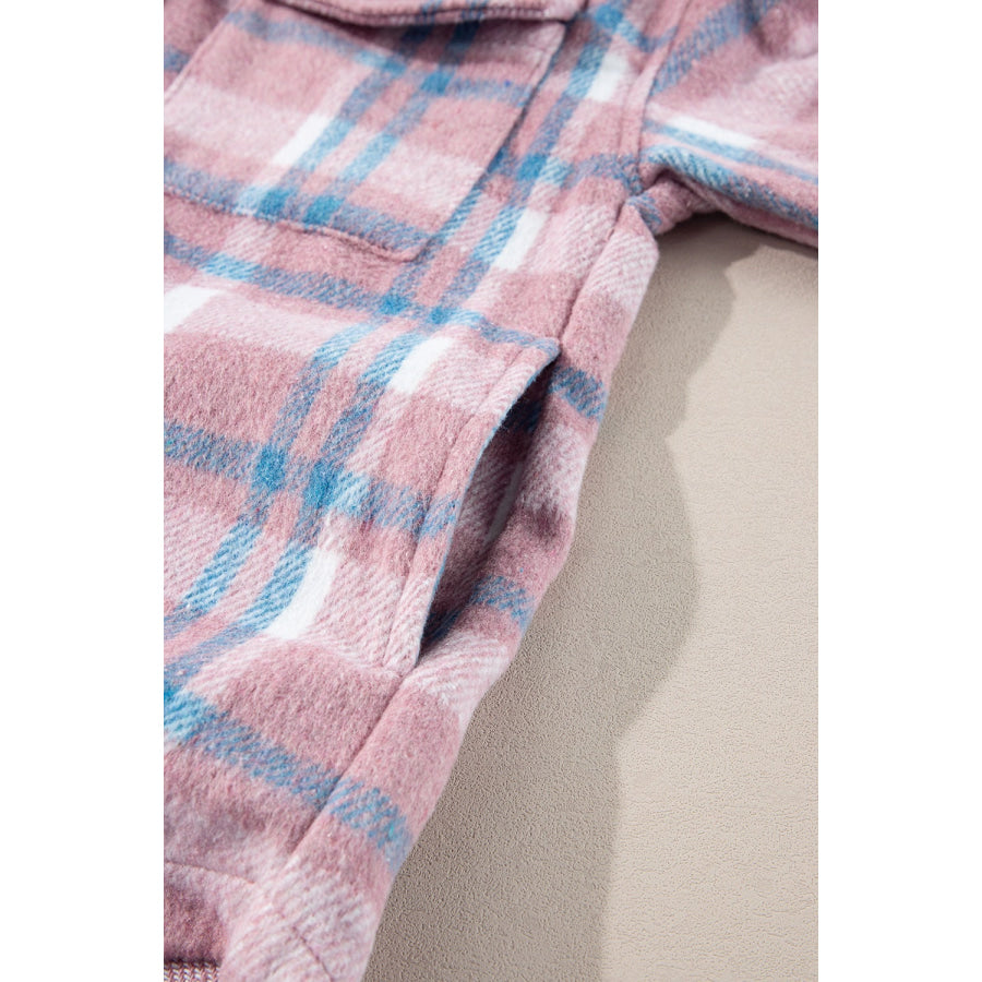 Plaid Collared Neck Flap Pockets Shacket Apparel and Accessories