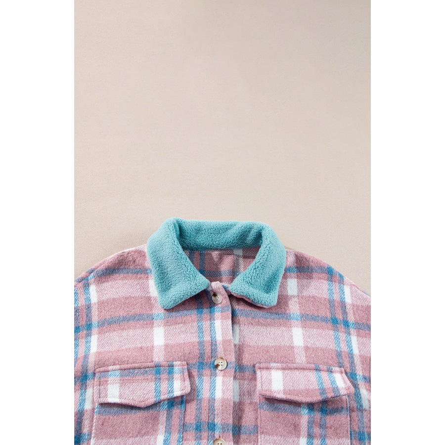 Plaid Collared Neck Flap Pockets Shacket Apparel and Accessories