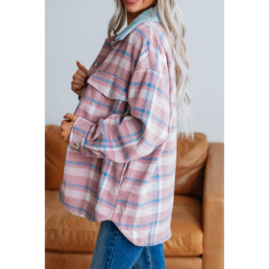 Plaid Collared Neck Flap Pockets Shacket Apparel and Accessories