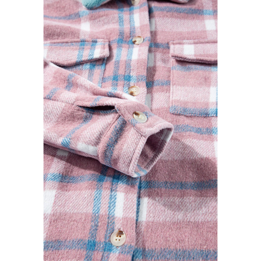 Plaid Collared Neck Flap Pockets Shacket Apparel and Accessories