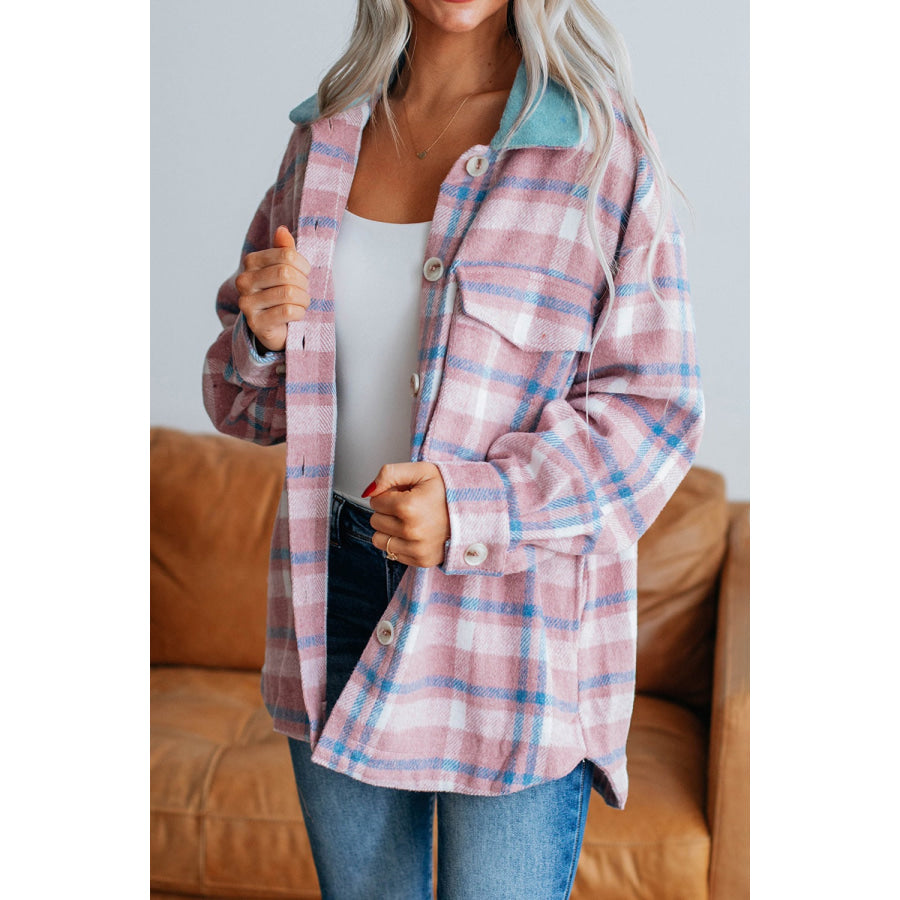 Plaid Collared Neck Flap Pockets Shacket Dusty Pink / S Apparel and Accessories