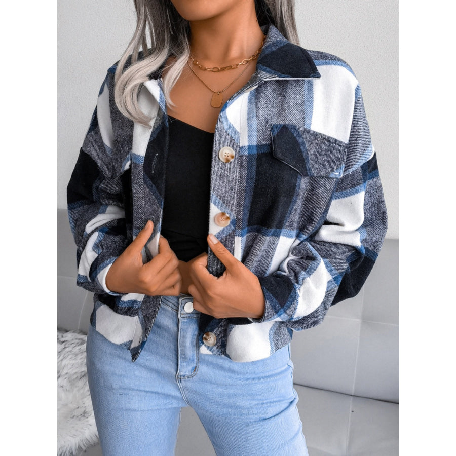 Plaid Collared Neck Long Sleeve Jacket Navy / S Apparel and Accessories
