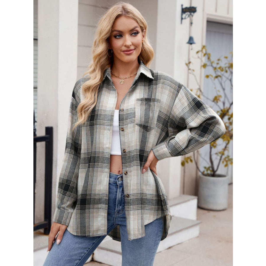 Plaid Collared Neck Long Sleeve Shirt Apparel and Accessories