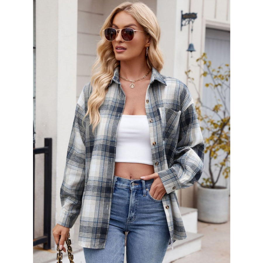 Plaid Collared Neck Long Sleeve Shirt Apparel and Accessories