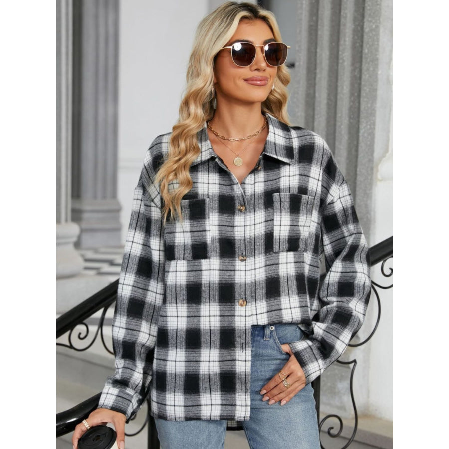 Plaid Collared Neck Long Sleeve Shirt Apparel and Accessories