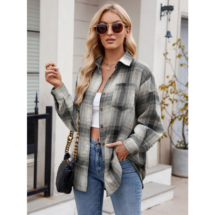 Plaid Collared Neck Long Sleeve Shirt Apparel and Accessories