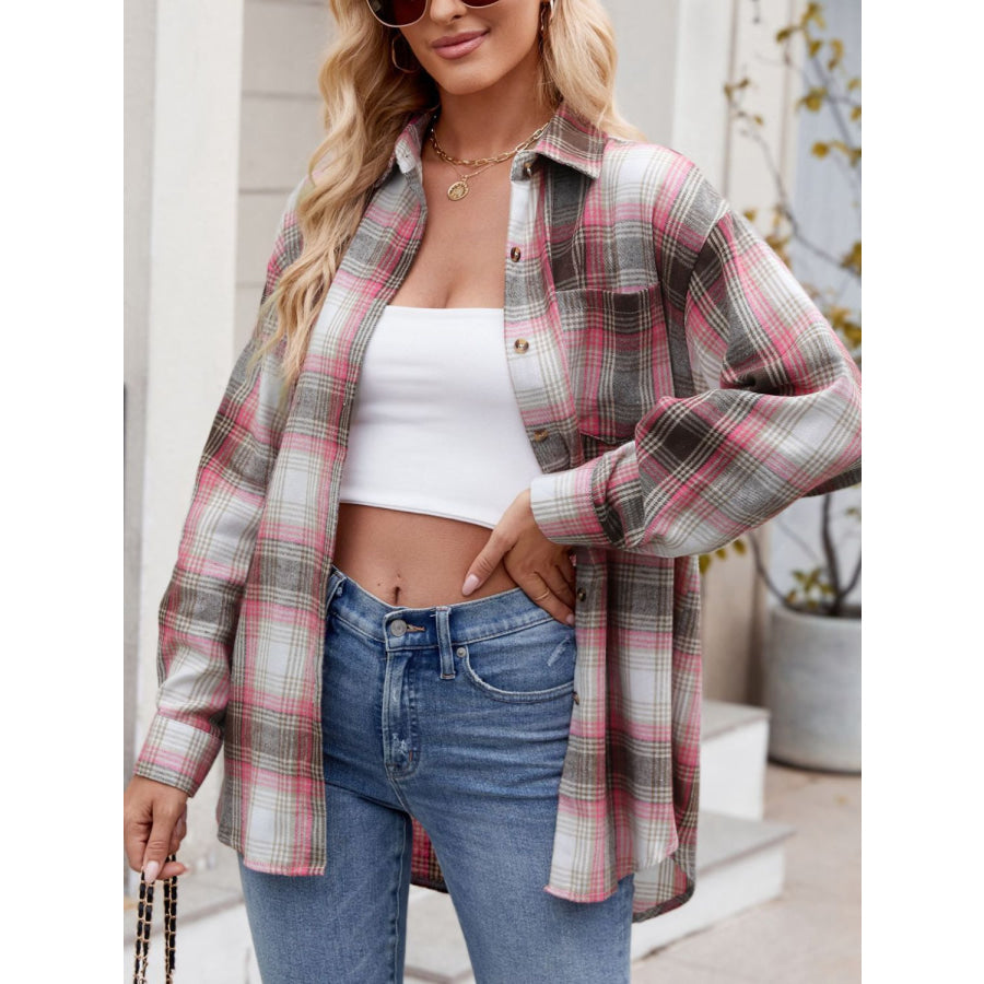 Plaid Collared Neck Long Sleeve Shirt Apparel and Accessories