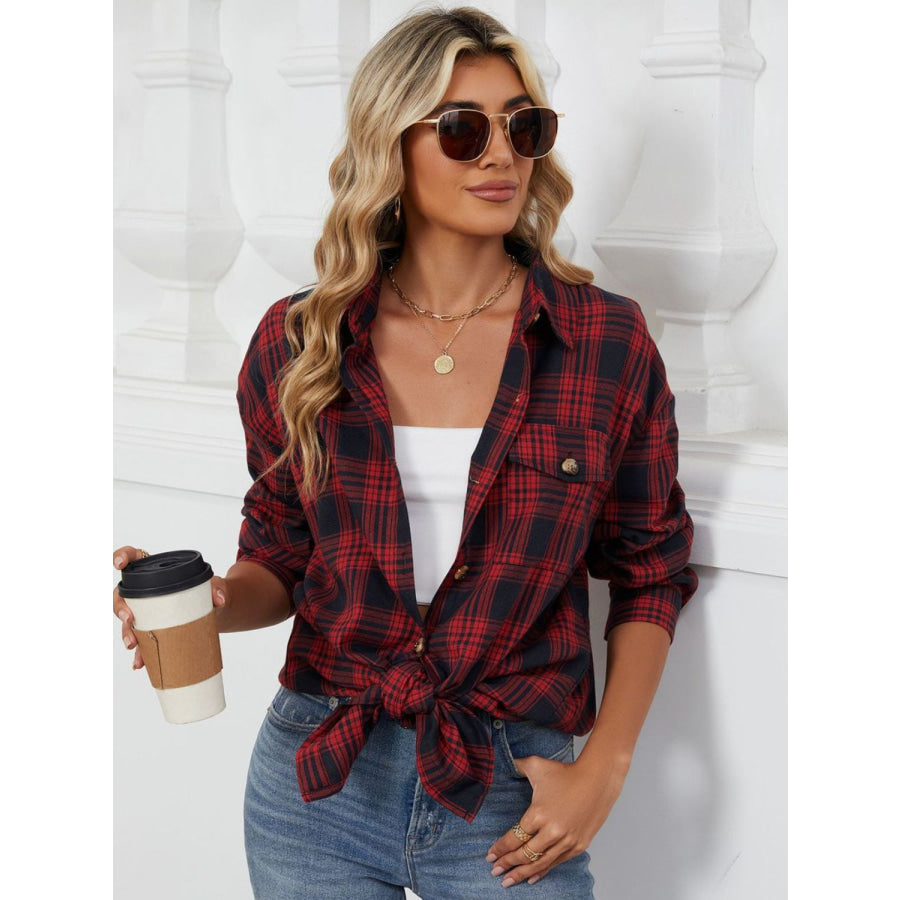 Plaid Collared Neck Long Sleeve Shirt Apparel and Accessories