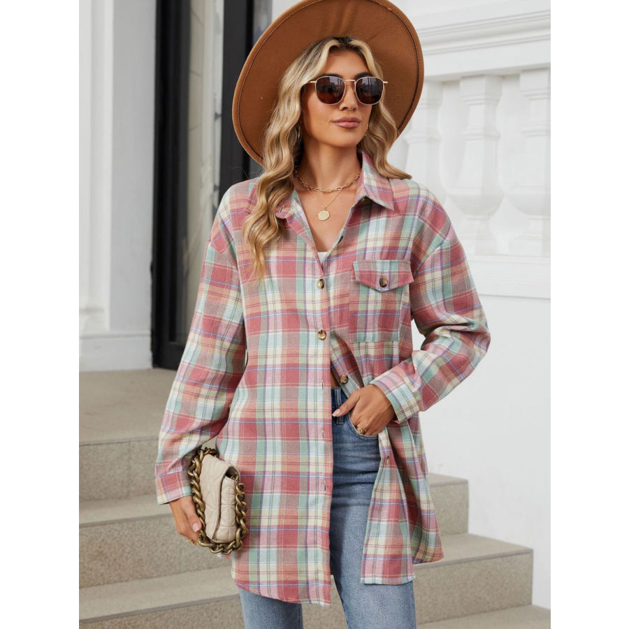 Plaid Collared Neck Long Sleeve Shirt Apparel and Accessories
