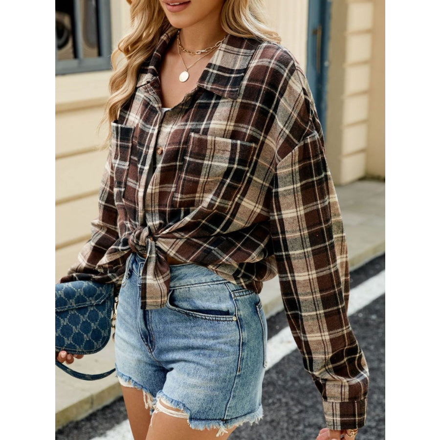 Plaid Collared Neck Long Sleeve Shirt Apparel and Accessories