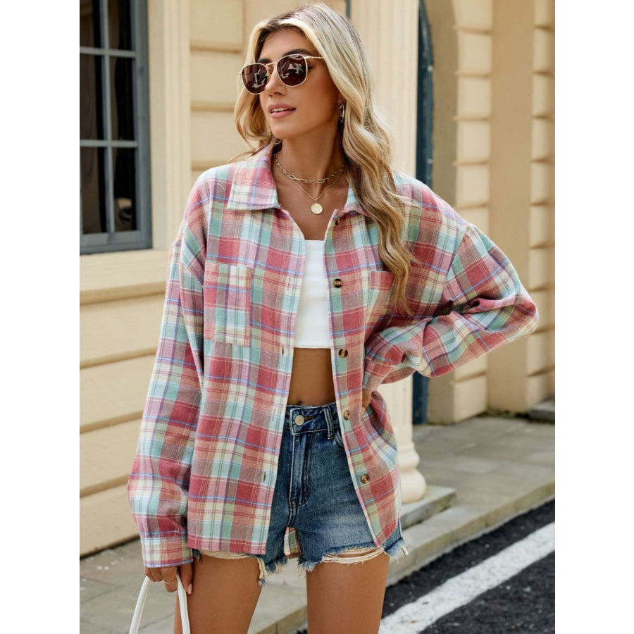 Plaid Collared Neck Long Sleeve Shirt Apparel and Accessories