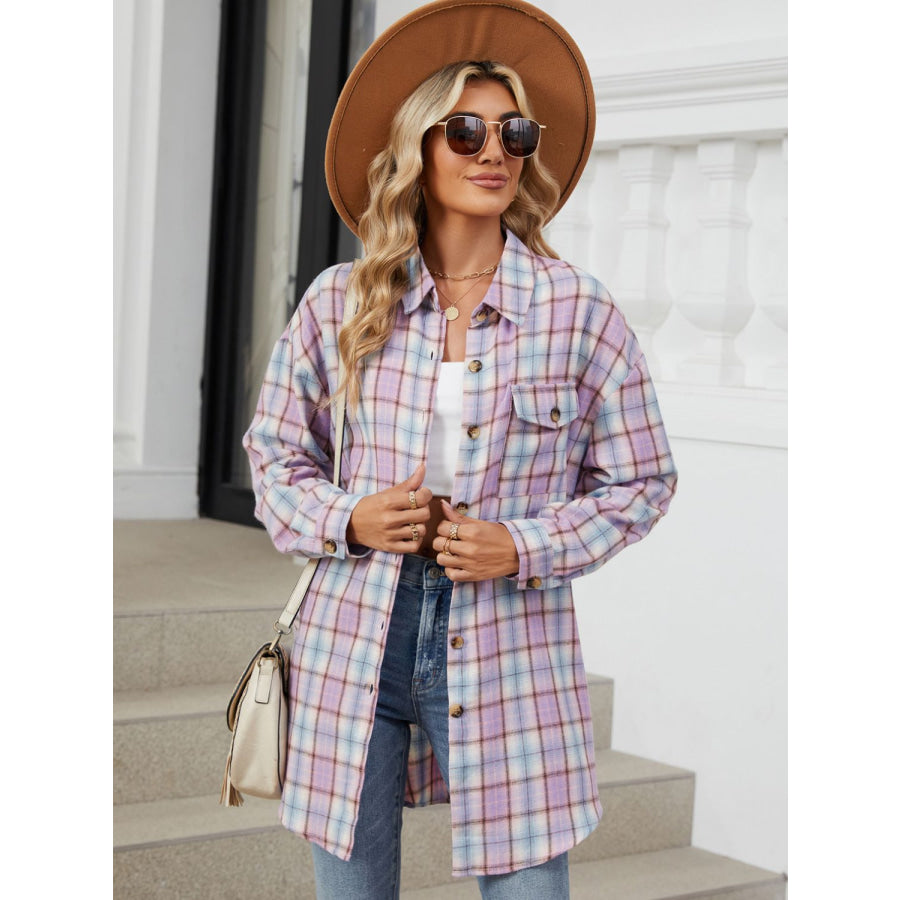 Plaid Collared Neck Long Sleeve Shirt Apparel and Accessories