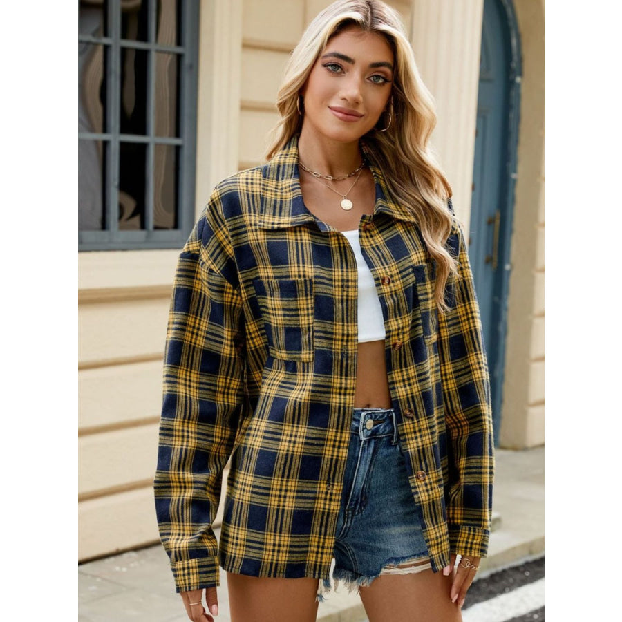 Plaid Collared Neck Long Sleeve Shirt Apparel and Accessories