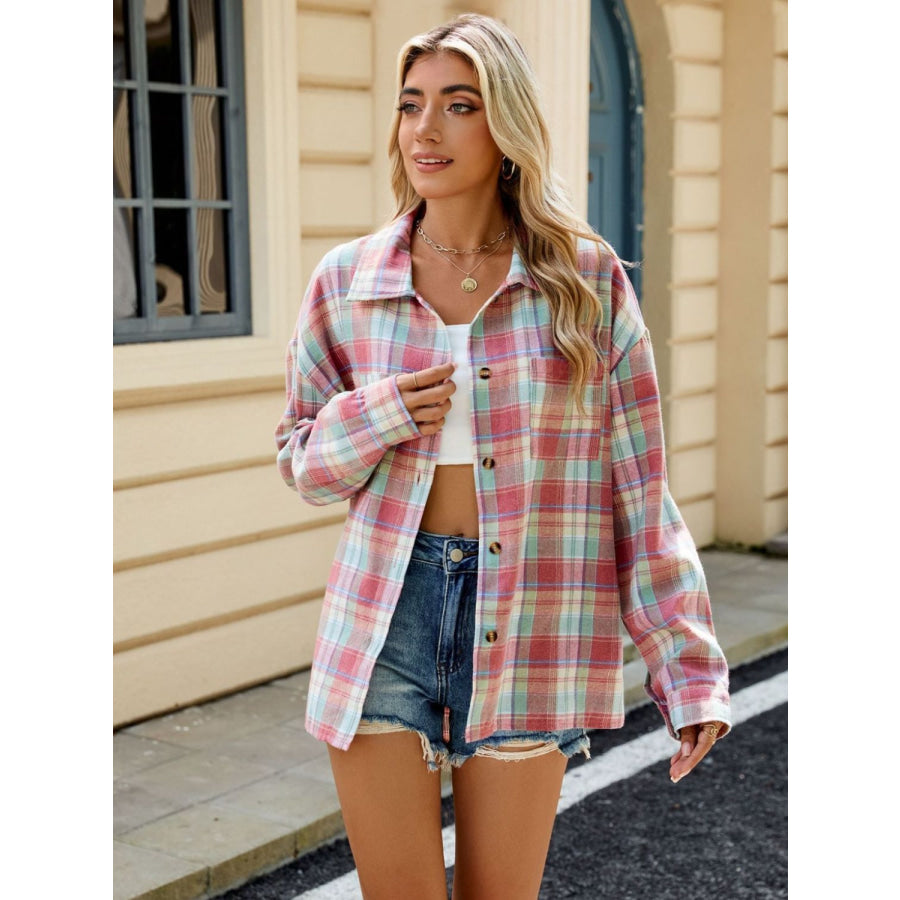 Plaid Collared Neck Long Sleeve Shirt Apparel and Accessories