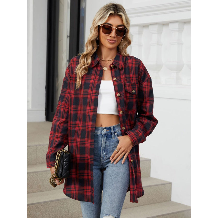 Plaid Collared Neck Long Sleeve Shirt Apparel and Accessories